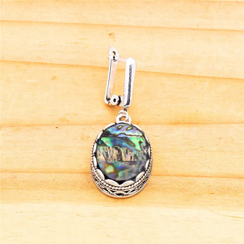 Овальный Shell Серьги Винтаж цветок кулон серьги Античная Посеребренная Double Слои