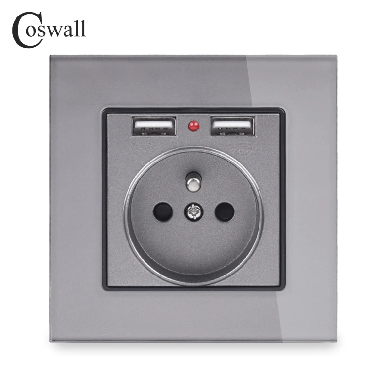 Coswall стеклянная панель с двойным usb портом для зарядки 2.1A 16A французская розетка