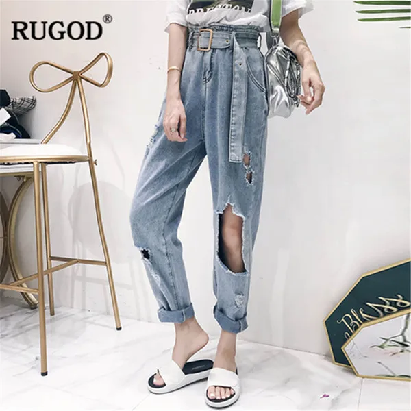picture color Rugod новейшие уличные рваные джинсы с дырками, женские ковбойские джинсы с поясом, прямые джинсы для женщин в стиле бойфренд - Цвет: picture color