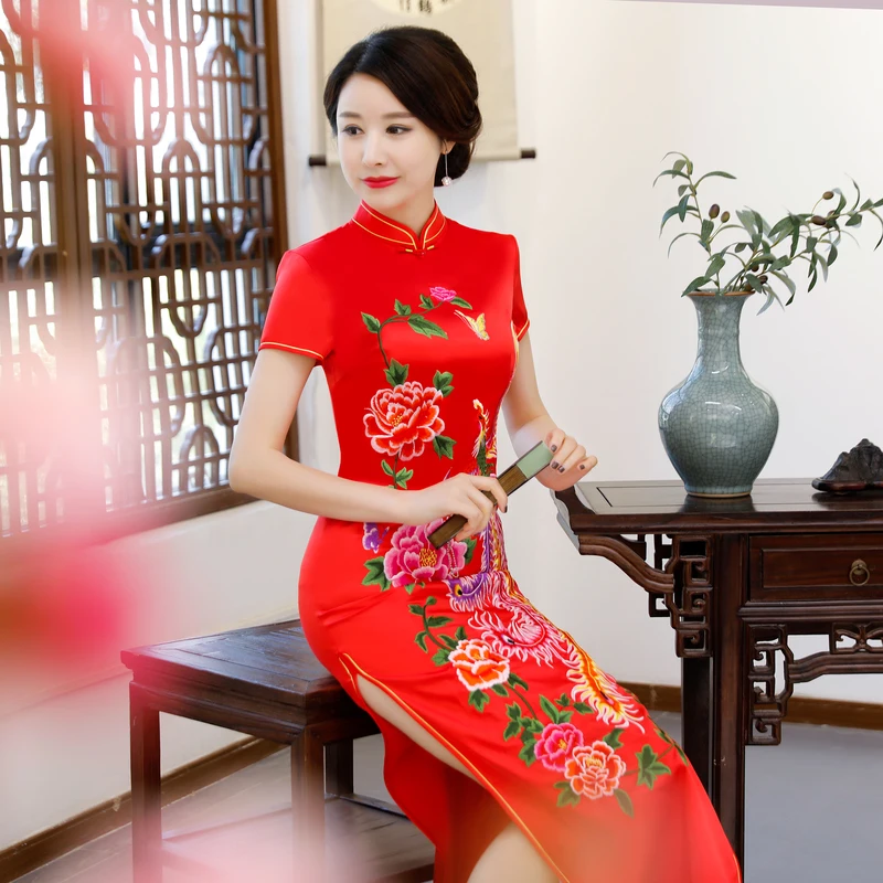Chinese dress modern cheongsam 2018 catwalk performance wedding red peony flower long clothing type | Тематическая одежда и