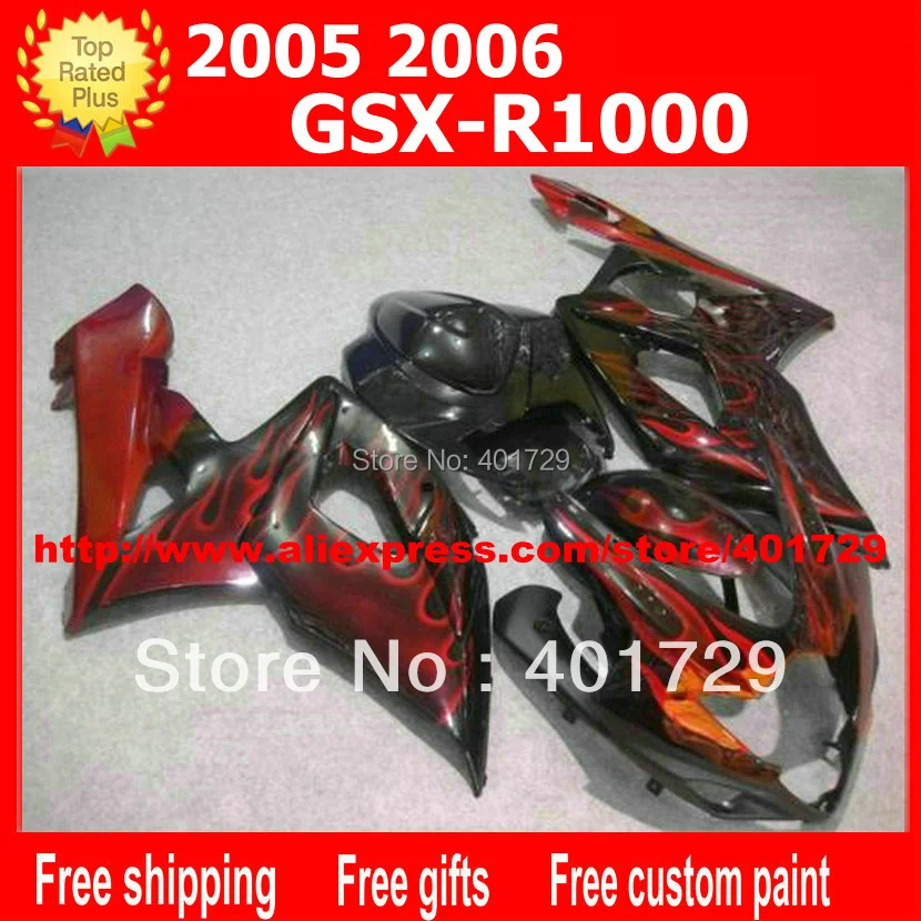 

Fairings body kit for Suzuki GSXR1000 GSXR 1000 2005 2006 GSXR 1000 05 06 red flame in black fairing set with 7 gifts AQ18