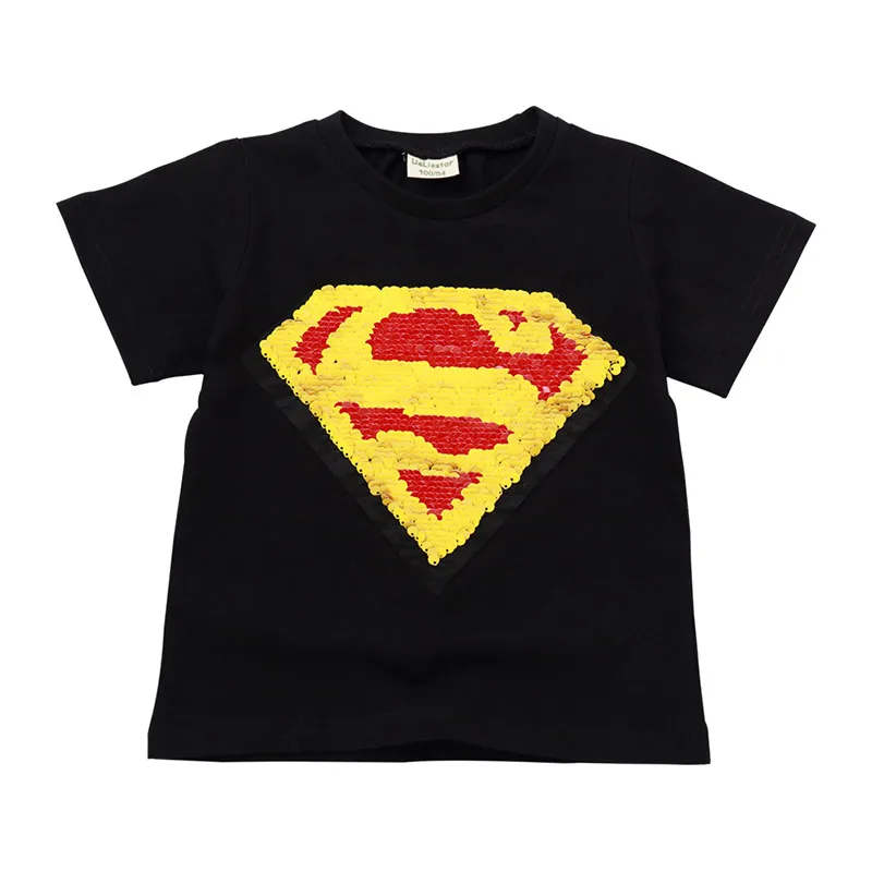 Black Superman Детские крутые футболки с супергероями доступны для мальчиков и девочек, с двусторонними блестками, с изображением Человека-паука, Железного человека, топы, детские футболки - Цвет: Black Superman