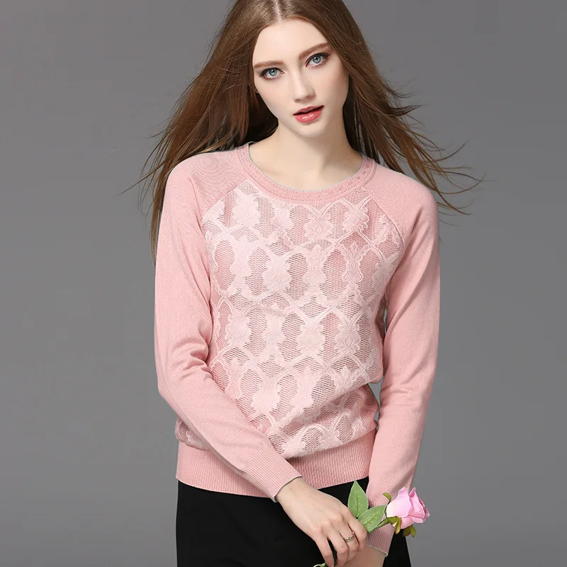 New Sky Blue White Lace Sweater for Women Casual O-Neck Long Sleeve Women's Sweaters Knitted Pullovers Fashion Female Loose Tops | Женская