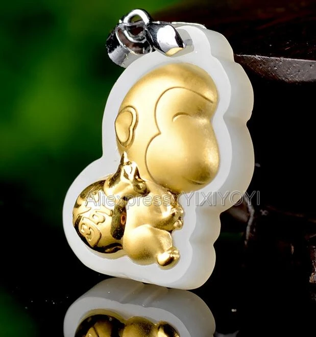 Натуральный белый нефрит + 18K ТВЕРДОЕ ЗОЛОТО инкрустированный резной кулон