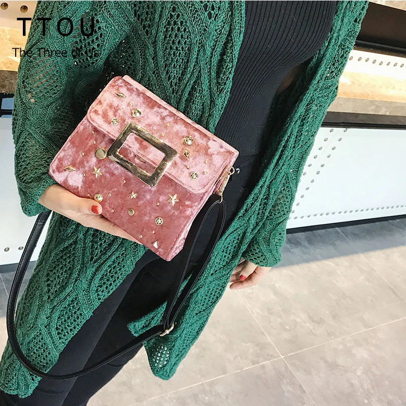 Женская велюровая сумка TTOU с заклепками элегантная плюшевая модная на плечо