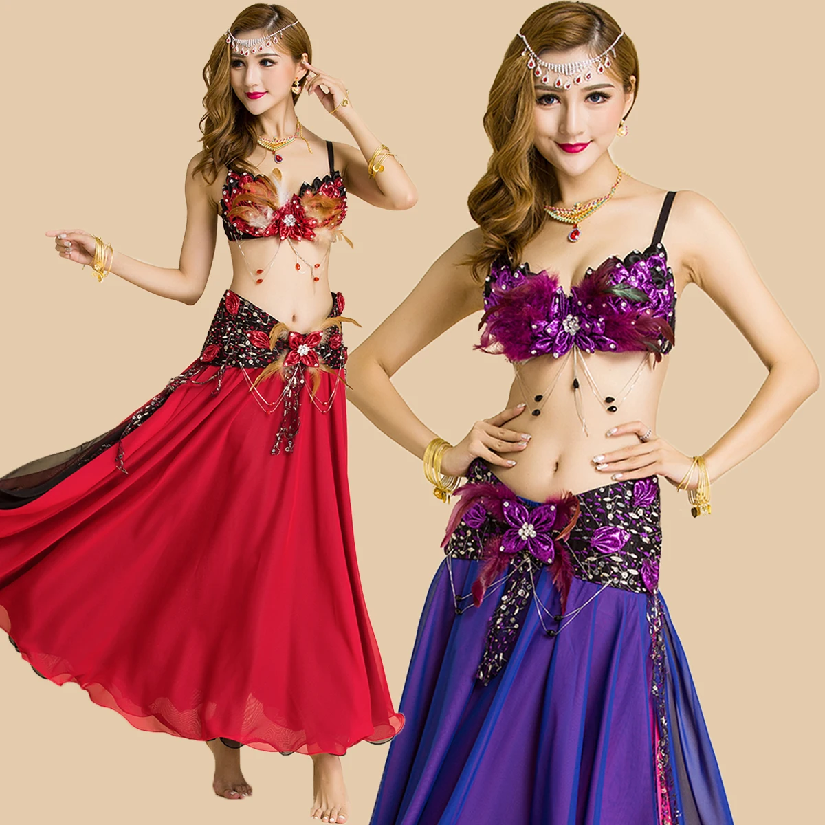 Bellydance/осенний комплект одежды из 3 предметов (бюстгальтер + юбка пояс) с перьями