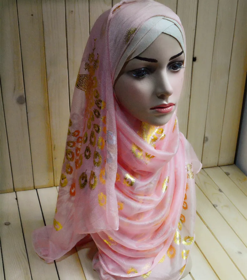 mu1136 Fashion new style muslim Turban gold peacock print net elastic Lady wraps mix color retail sale Islamic Hijabs | Аксессуары для