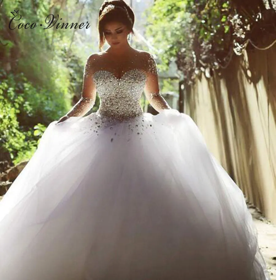

African Style Plus Size Long Sleeve Luxury Crystal Beading Tulle Ball Gown Wedding Dresses Princess Wedding Dress W0395