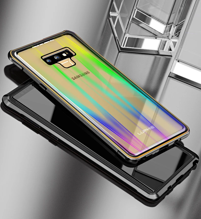 LUPHIE для samsung примечание 9 чехол Роскошные Жесткий магнитного металла Алюминий сплав прозрачный Стекло противоударный Броня чехол для телефона 6,4