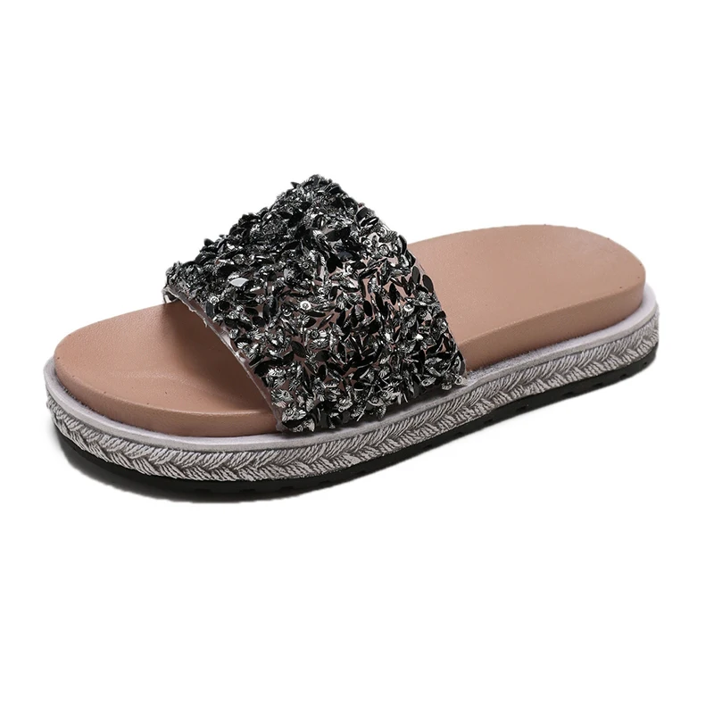BeautyFeet/женские шлепанцы со стразами; яркие шлепанцы; летние пляжные шлепанцы со стразами; модная женская обувь на плоской подошве - Цвет: Черный