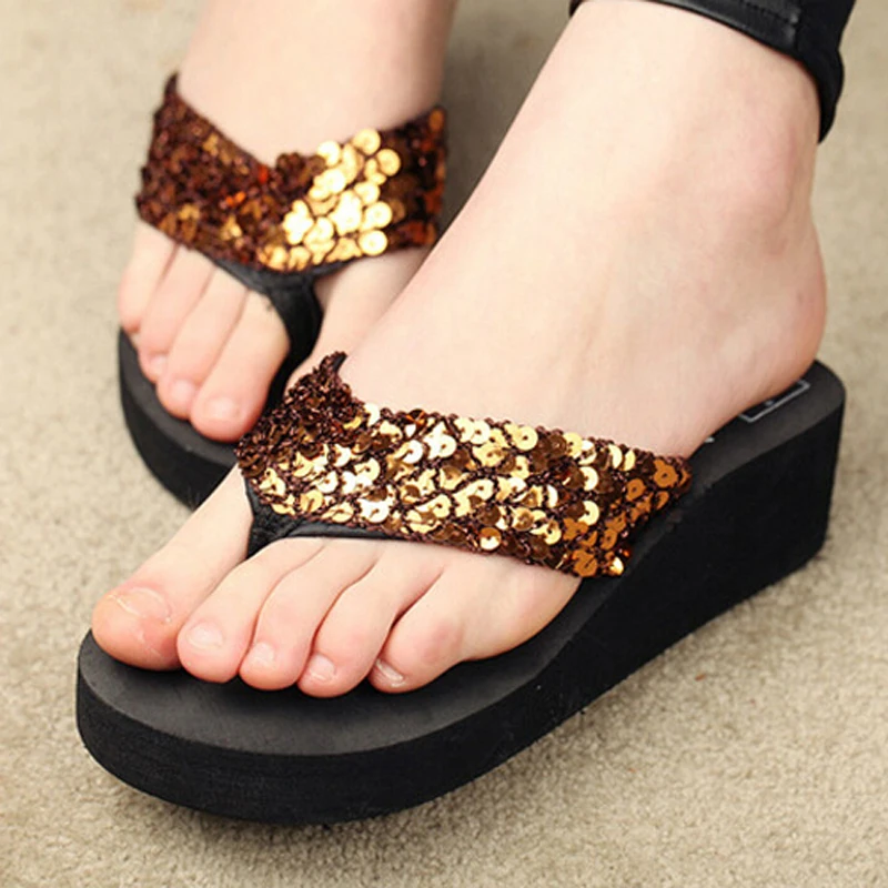 Новые женские шлепанцы на танкетке Нескользящие с блестками Размер 5|fashion