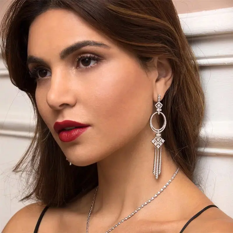 Designer 925 Sterling Silver Long Geometric Tassel Magic Dangle Earrings Micro Cubic Zirconia Women Wedding Party Luxury Jewelry | Украшения