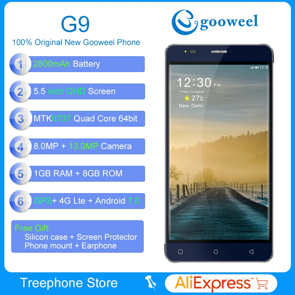 Оригинальный Gooweel g9 мобильный телефон 4 г LTE mtk6737 Quad Core Android 7.0 5.5 дюймов QHD смартфон 1