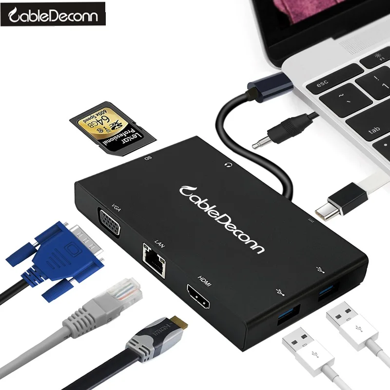 Thunderbolt 3 USB C к HDMI 4K VGA 2xusb 0 концентратор Gigabit Ethnernet RJ45 PD аудио 5 мм SD слот Hub адаптер|hdmi