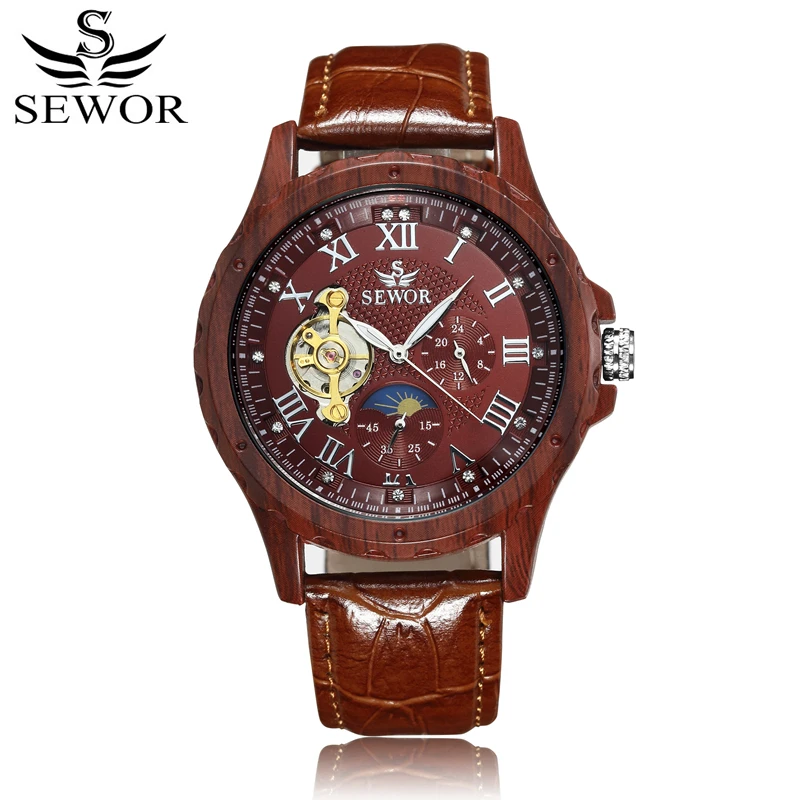 SEWOR механические Автоматические Мужские часы с кожаным скелетом модные