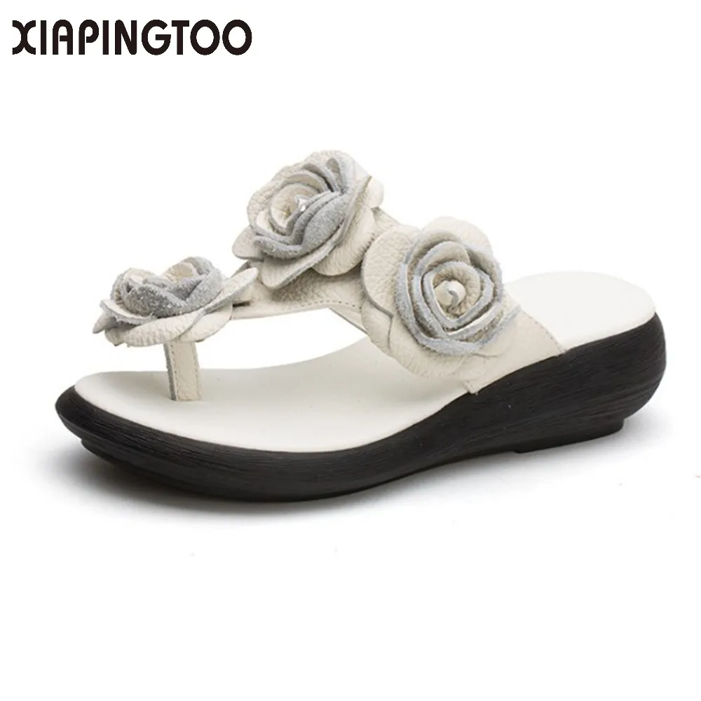 

Women Genuine Leather Outside Flowers Slide Med Heels Rubber Outsole Retro Handmade National Shoes For Women Summer Slippers 18