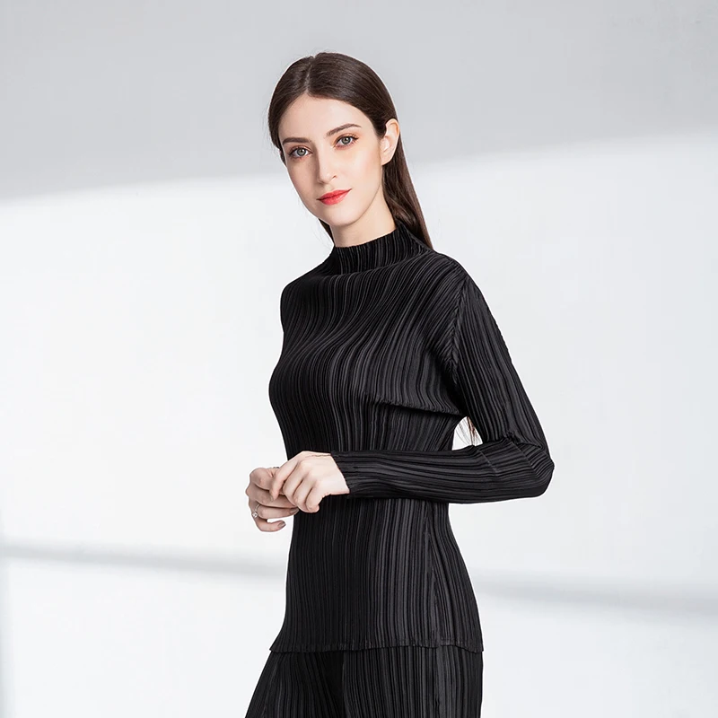 Changpleat 2018 осенние новые женские футболки Топ Miyak плиссированная водолазка