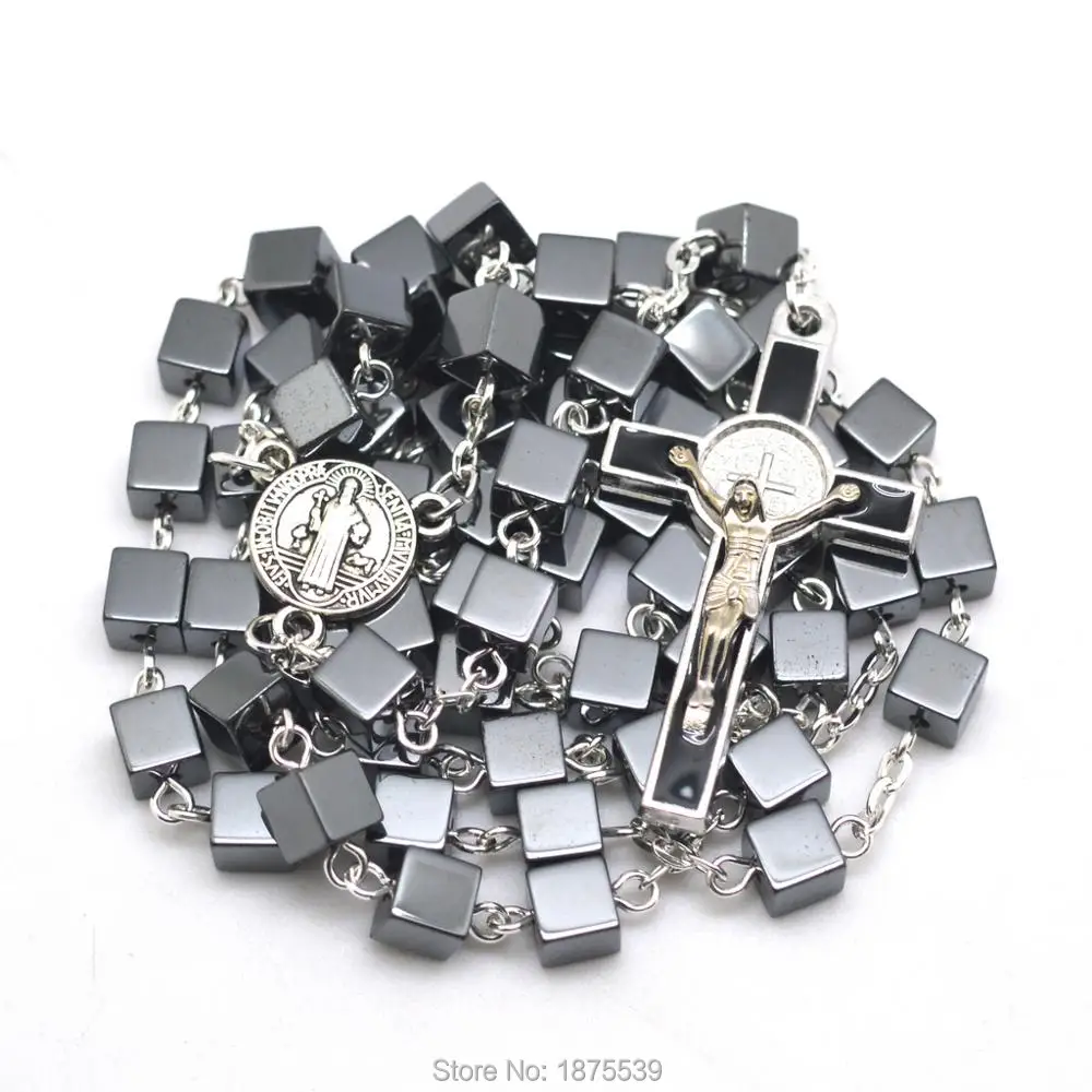 Black 6 mm Square Hematite Bead Rosary Necklaces St Benedict Crucifix and Medal | Украшения и аксессуары