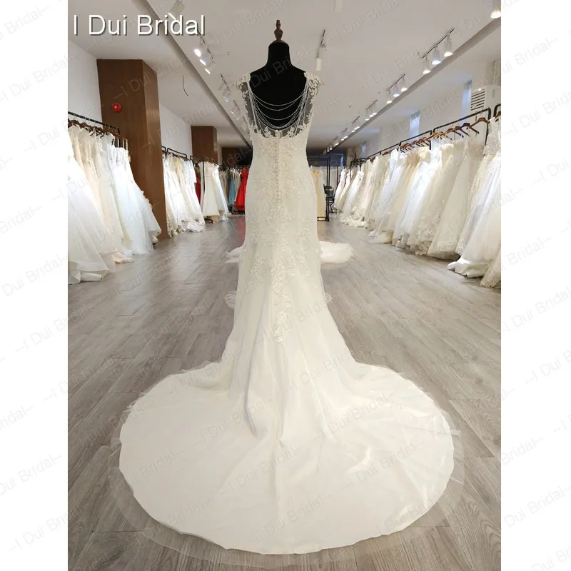 Crystal Tassel Wedding Dress A line Lace Appliqued Bridal Gown Factory Real Photo