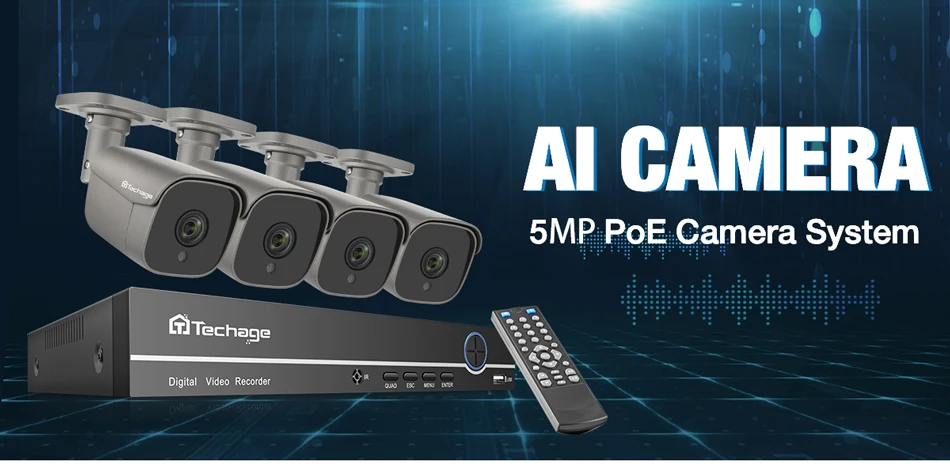 Techage H.265 4CH 5MP POE NVR комплект системы видеонаблюдения двухсторонняя аудио сигнализация звук AI IP камера ИК Открытый видео безопасности комплект наблюдения