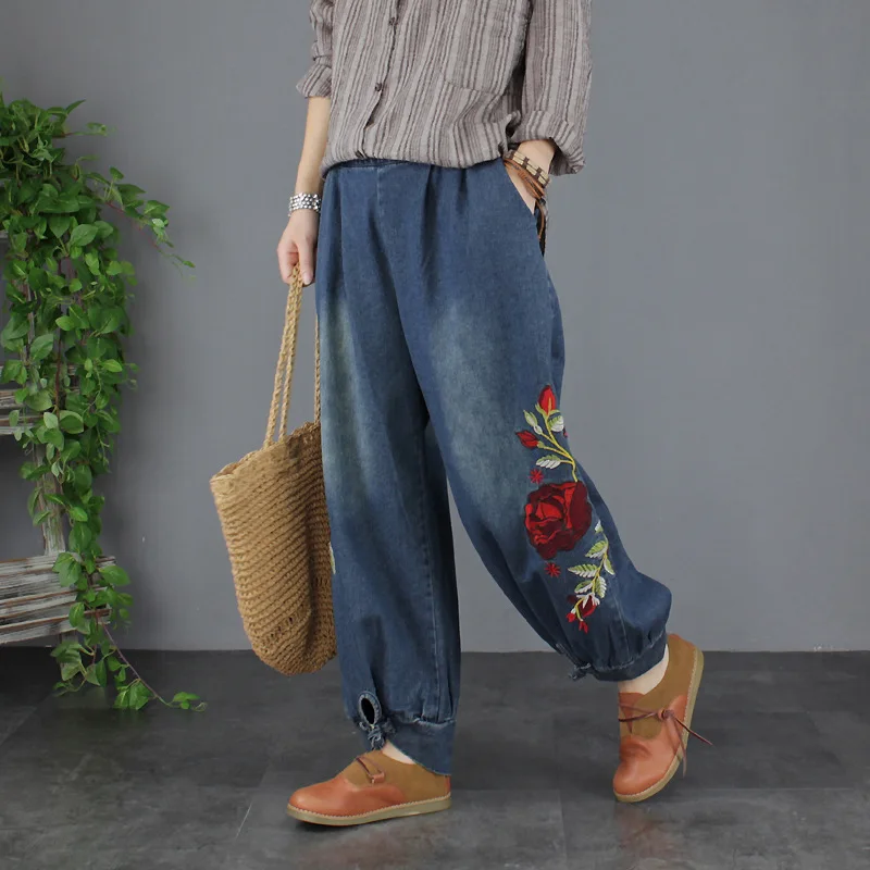 Осенние джинсы женские большие размеры ретро джинсовые брюки эластичная талия