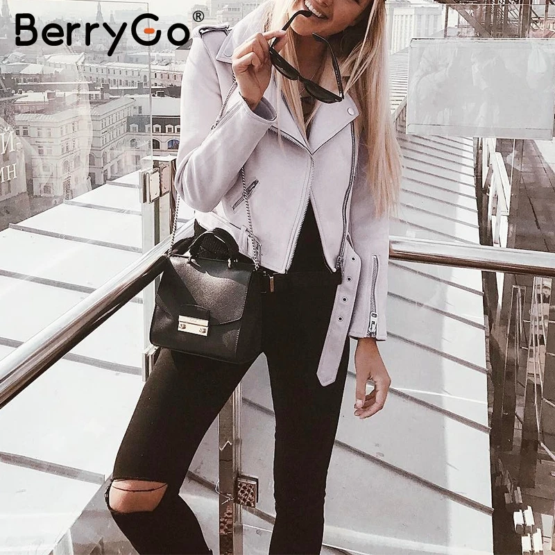 BerryGo куртка из искусственной кожи женская повседневная на молнии с поясом крутые