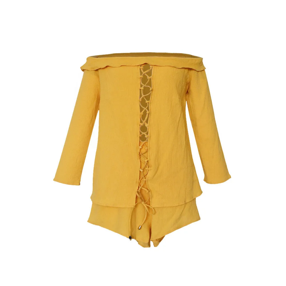 

Sexy Solid Color Full Sleeve Casual Shirt and Shorts Set Women Off Shoulder Ruffel Shirt
