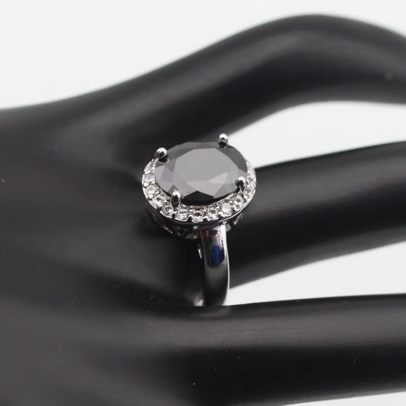 Кольцо для женщин "Овальный чёрный кубический цирконий на белом камне, серебряного цвета" WPAITKYS, прекрасное кристаллическое украшение, размеры 6, 7, 8, 9, 10, бесплатная подарочная коробка.