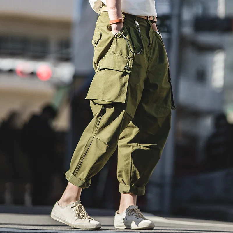 MADEN men's loose overalls multi pocket green casual pants cotton harem men|Джоггеры| |