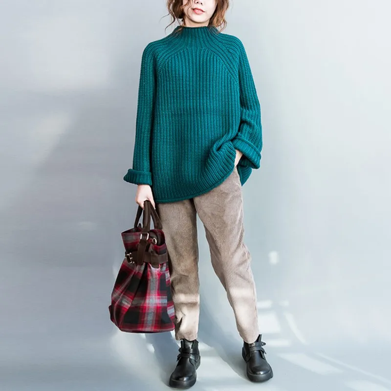 Женский теплый пуловер с высоким воротником Свободный вязаный свитер и длинным