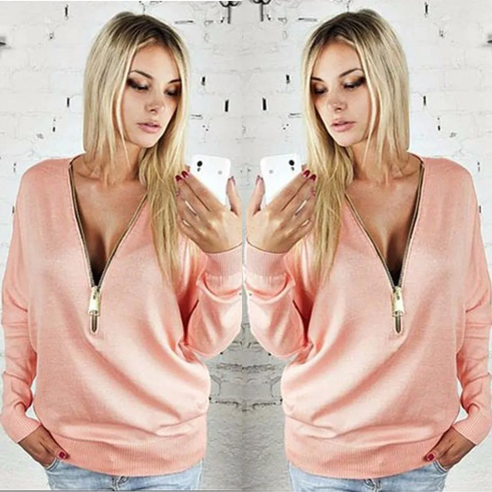 Женская футболка с глубоким вырезом облегающие худи на молнии свободный свитер 2017|sudaderas mujer|sweatshirt womenpullover