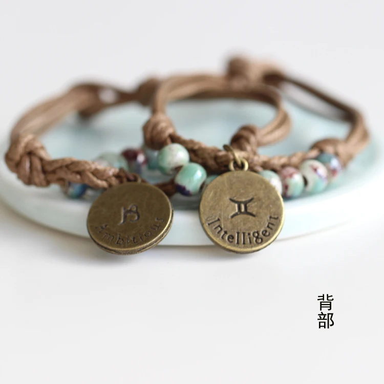Hand-woven Fashion Bracelet &amp Bangles Ceramic Beads and Bronze Alloy Zodiac Constellation Charms Jewelry for Couple Lover Gift |