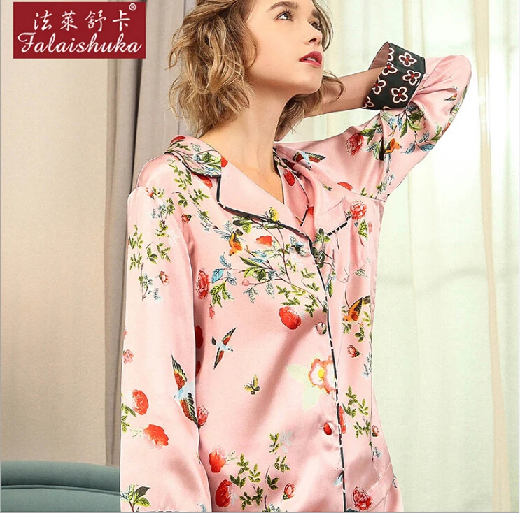 Silk Pajama Sets Two Piece Set Woman  Pink Flower Print 2019 Summer 100% Silk Stain Homewear Sexy Pajama Sets Pant Sleepwear XL
