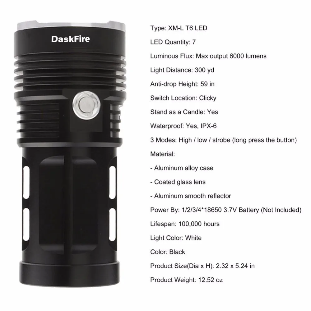 DaskFire Powerful LED Flashlight 7 XML T6 Led High Low Strobe Modes 4*18650 Handheld Waterproof Lamp for Camping | Освещение