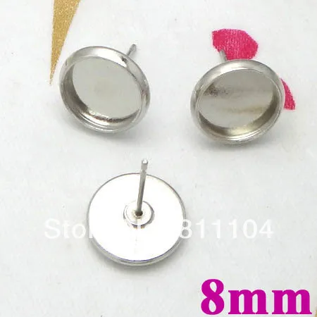 

8mm Silver Plated Blank Earrings Base Circle Bezel Tray Welding Cabochon Stud Pins Earrings post Settings Findings Wholesale