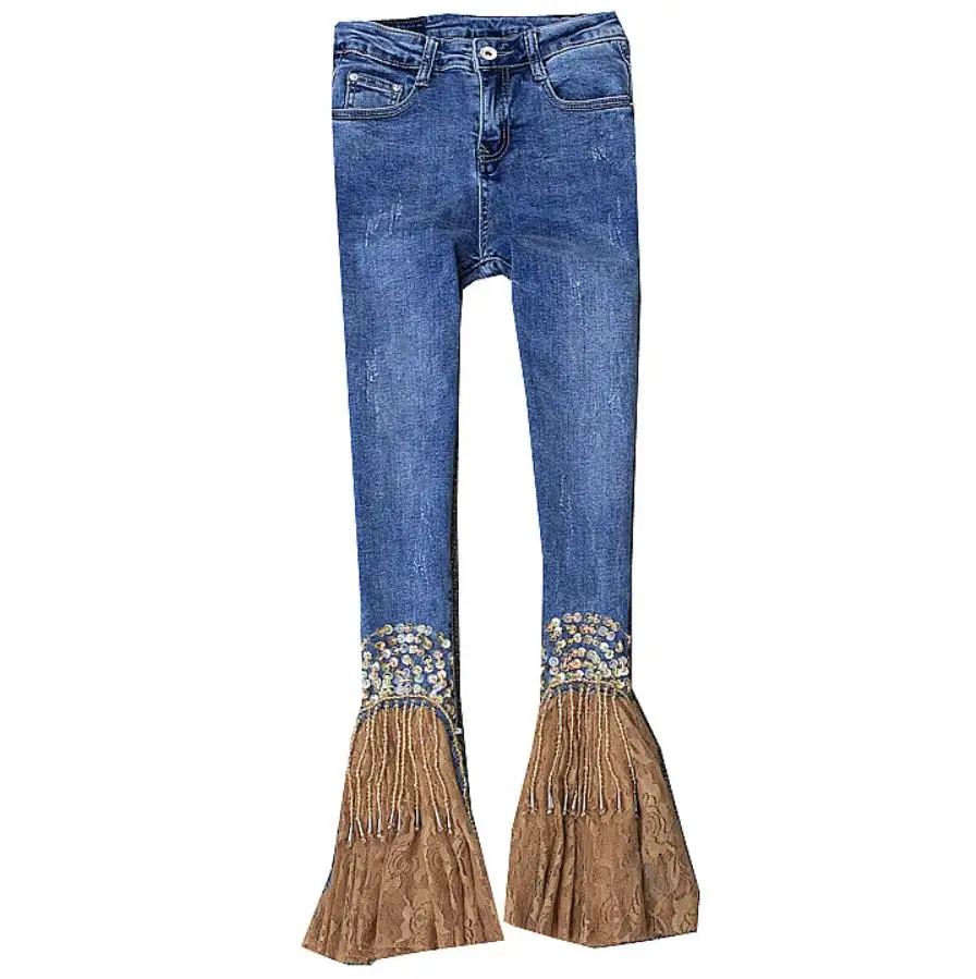 2020 женские модные кружевные сплайсинга джинсы Длинные Карандаш Сексуальные