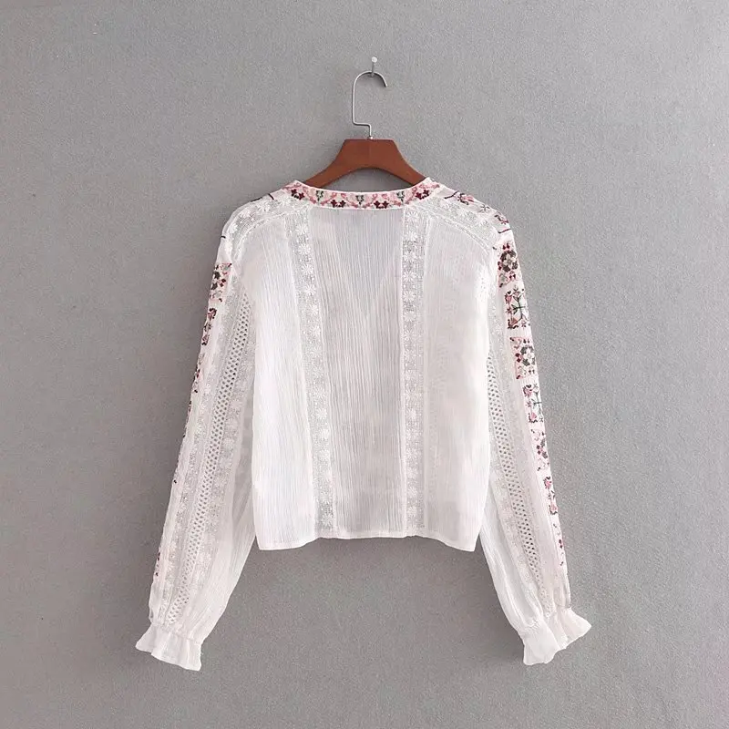 2018 женское милое кружевное вязаное крючком с вышивкой vestidos блузка v-образным