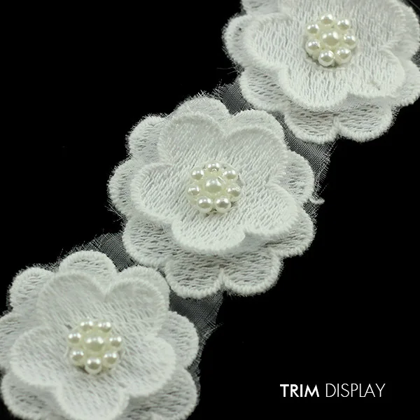 

Beaded Pearls 2 layer Flower Lace Fabric Ribbon White Trim Applique Scrapbooking Venise Embossed for Wedding Dress 10yard/ T876