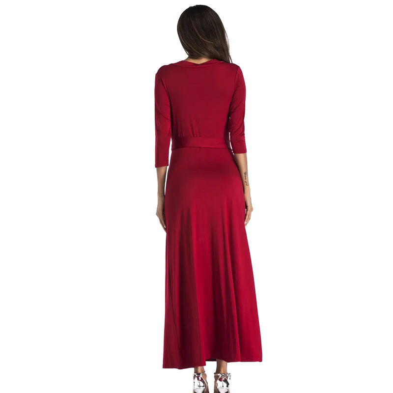 2017 High Split Maxi Dress Solid Sexy Full Sleeve Deep V-Neck Sashes Dresses vestidos | Женская одежда