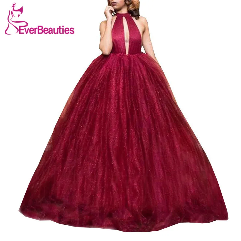 

Burgundy Ball Gown Evening Dresses Long Halter Abendkleider 2020 Tulle with Sequins Robe De Soiree Backless Evening Gowns