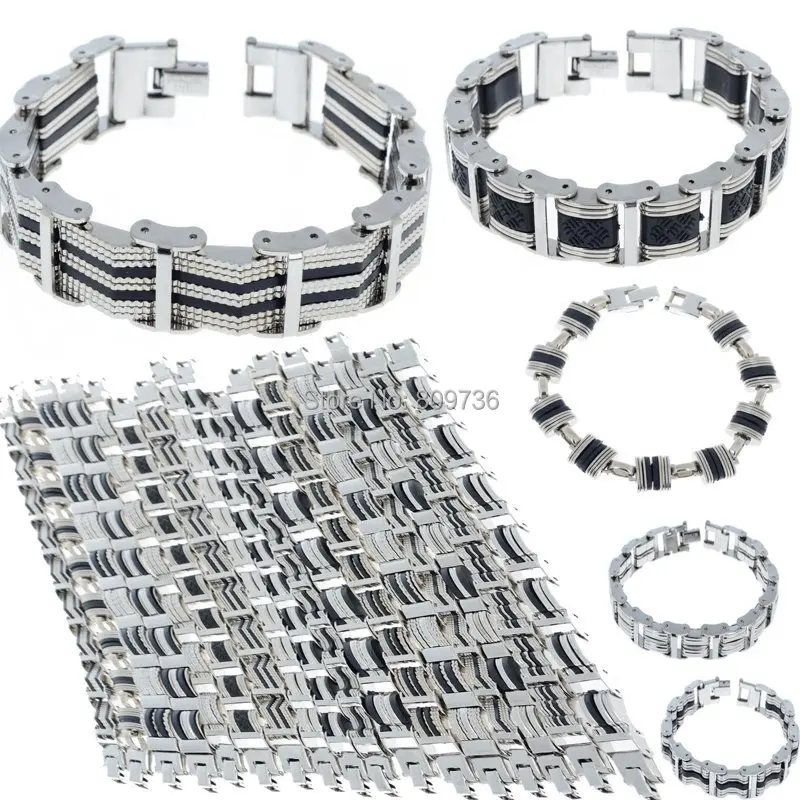 12pcs/lot Mix style Chain Link Wristband Bangle Cuff Men Stainless Steel Bracelet Rubber men Jewelry Wholesale Free Ship | Украшения и