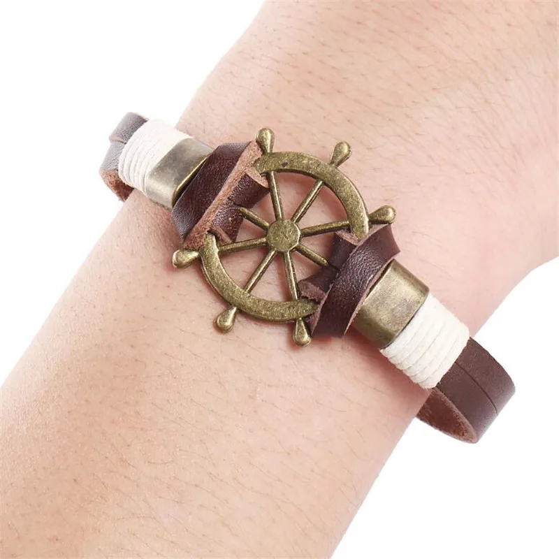 Винтаж ручной работы коричневого Кожаные браслеты модные панк Браслеты на