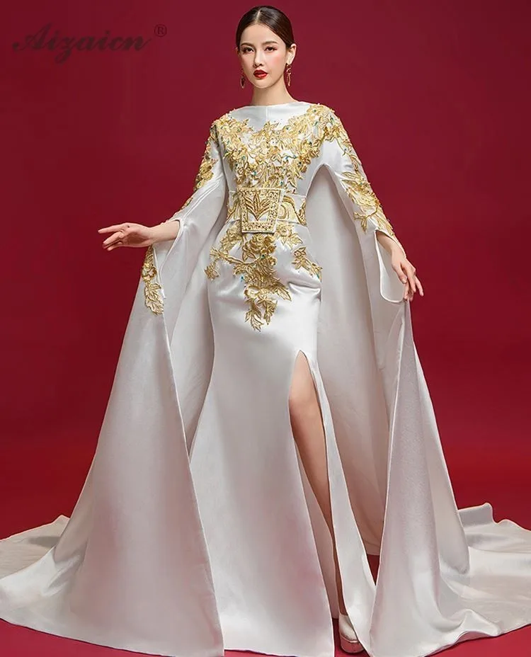 Новая мода шлейфом Cheongsam современный белый длинное вечернее платье Для женщин китайское платье Qipao Oriental Стиль хост Qi Pao