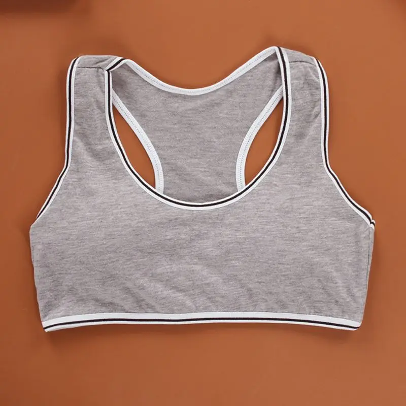 

Junior Girl Wide Strap Racerback Sport Training Bra Solid Color Striped Trim Underwear Wireless Padded Bralette Casual Yoga Vest