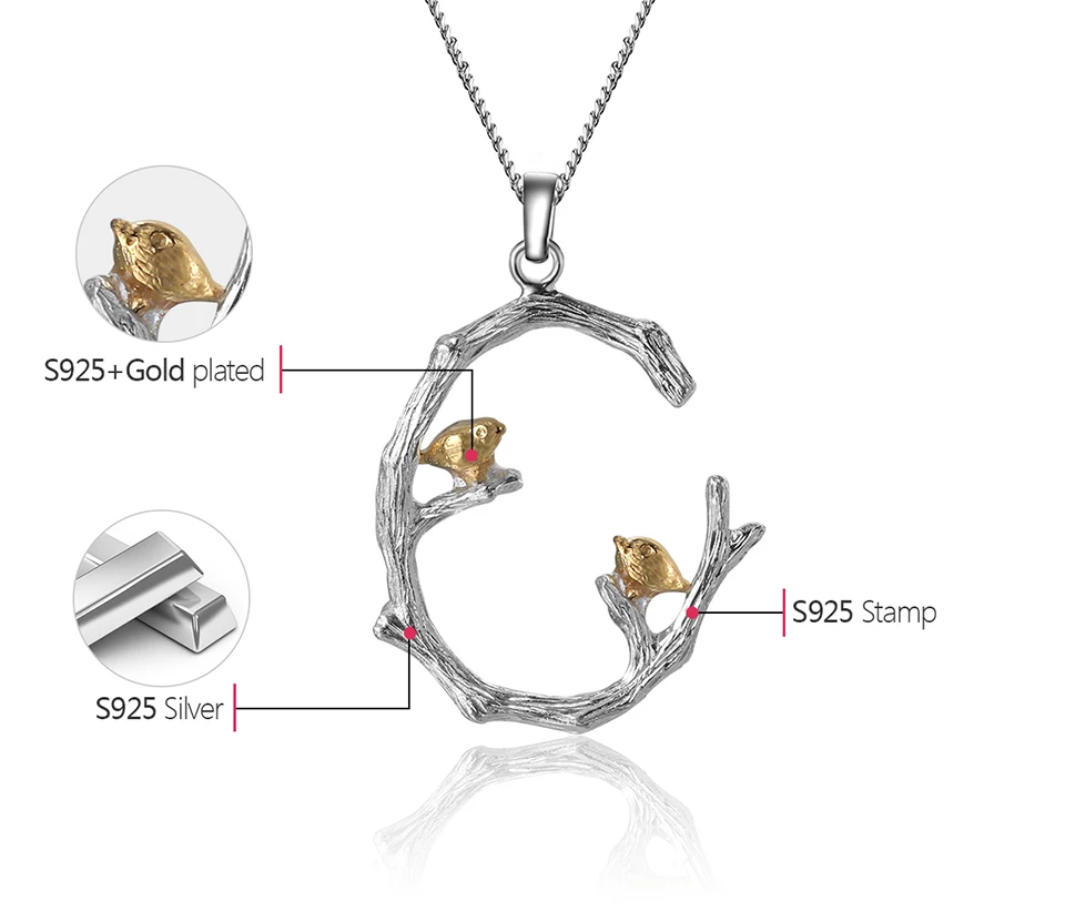 Lotus Fun Настоящее 925 пробы Серебряное натуральное Оригинальное ювелирное изделие 18 к золотая птица на ветке кулон без ожерелья для женщин подарок