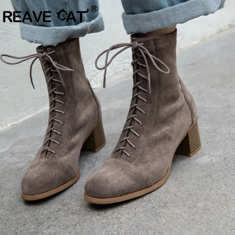 Женские сапоги стрейч REAVE CAT до середины икры на высоком блочном каблуке весенне