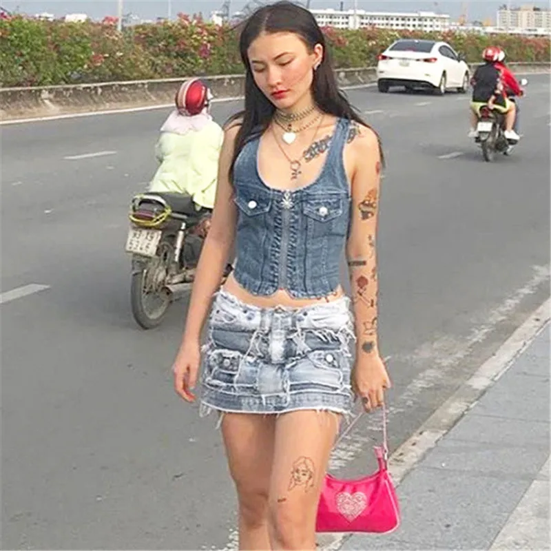 Женский джинсовый топ на молнии с синим ремешком бюстгалтер широкий шарф