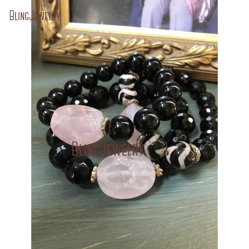 Браслет с бусинами из агата Dzi розовый кварц черный оникс BM11304|bracelet healing|statement