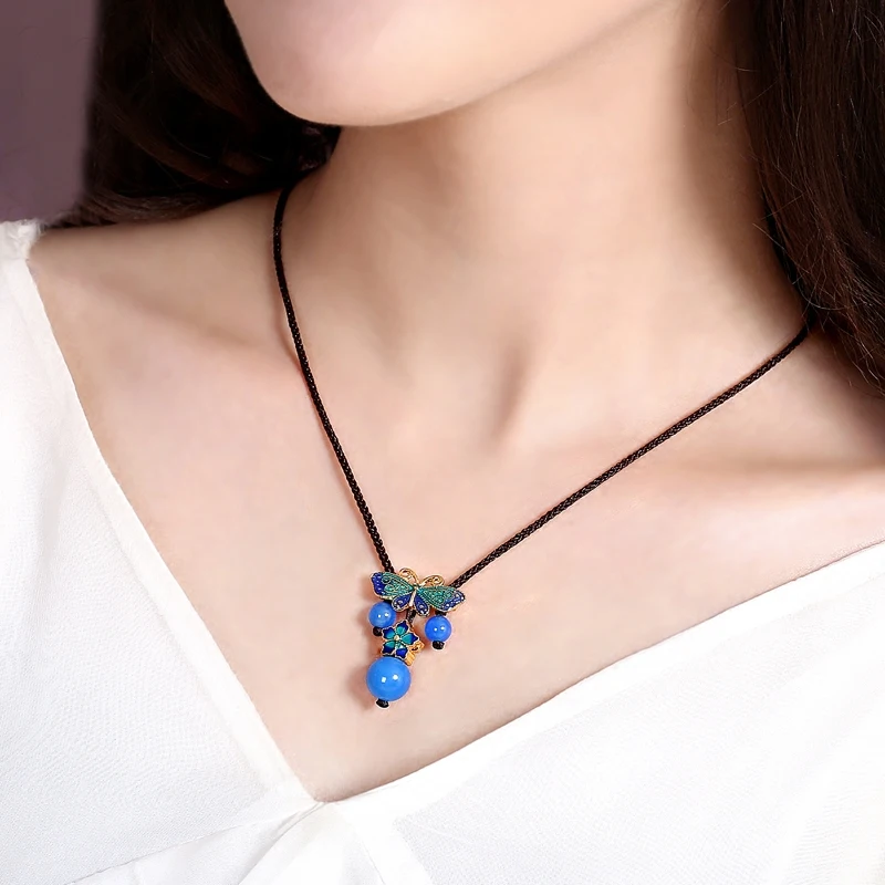 Ethnic style necklace female clavicle chain agate cloisonne pendant blue simple jewelry accessories wild short | Украшения и