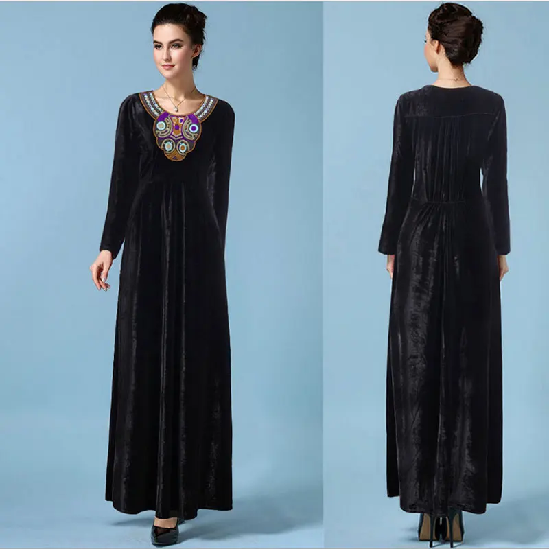 8 Цвета 2016 Зима Новый женский Длинное Платье Золото Бархат Вышитые С Длинными